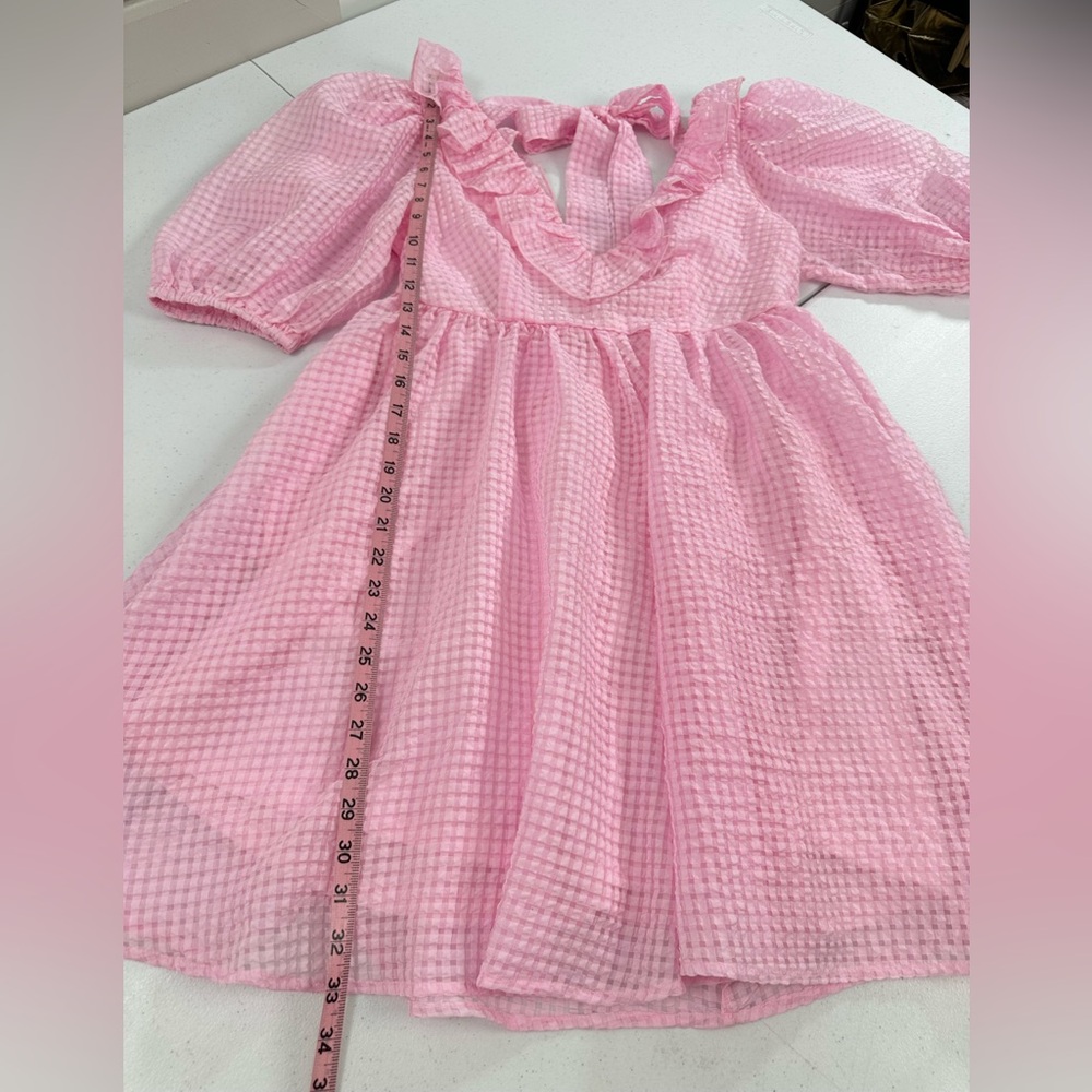 Mable Pink Gingham Puff Sleeve Ruffle Tie Back Mini Dress Coquette Romantic S - Picture 8 of 13